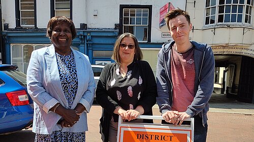 Councillors Padrica, Jo and Nathan in Huntingdon Town Centre